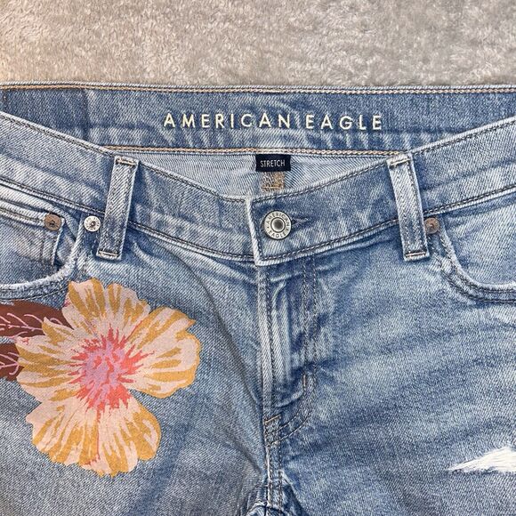 RARE American Eagle Wide Leg Floral One Of A Kind Denim Jeans Size 4 - Picture 5 of 11